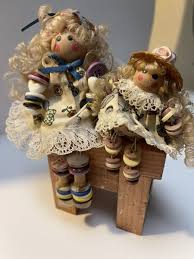 Vtg Wooden Button & Spool Dolls 5.5” & 3” Handmade Country Rag Curls w/ Bench | eBay