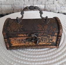Vintage Wooden Chest. Brown Box Covered With Damask. Jewelry ...