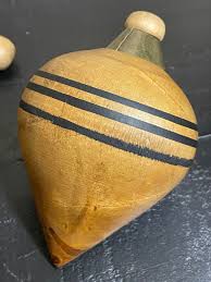 Set of 4 Antique Striped Wood & Brass Spinning Tops | Chairish