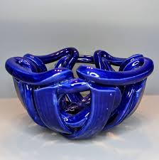 Round Abstract Woven Rope Clay Pottery Art Cobalt Blue Fruit ...