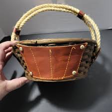 Vintage Basket With Rope,Leather And Wicker Made In Hong Kong 8" Round | eBay