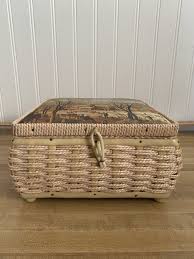 Vintage Woven Basket Sewing Box with Embroidered Settlement Scene Lid & Handles | eBay