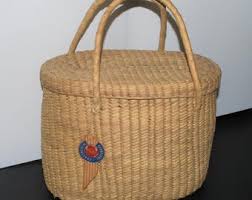 C. 1960's Sweetgrass Woven Double Handle Basket Purse W ...