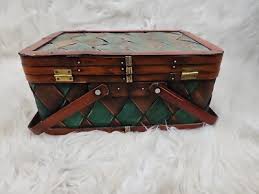 2 Funky Vintage Woven Wood Picnic Basket Green/Brown Hinged ...