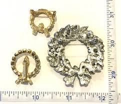 Christmas Wreaths Candles THREE Vintage Rhinestone Enamel Costume Jewelry Pins