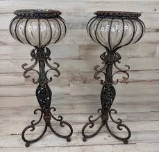 Set of 2 Caged Blown Glass Wrought Iron Standing Candle ...