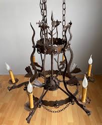 Impressive Large Forged Wrought Iron Seven-Light Chandelier w Dragon Sculptures at 1stDibs