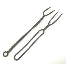 Early Pair Wrought Iron Twisted Two Prong Forks Hearth ...