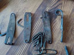 4 Original Lg 19th Century Wrought Iron Hasp w Staple Pins + ...