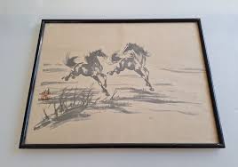 Old Chinese engraving signed. horse animal equestrian scene. Gravure chinoise | eBay