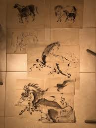 Japanese Antique Set Hand Color Paintings Horses, Horses ...