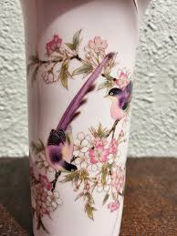 Yamaji Hand Painted Japanese Pink Floral Bird Vase W ...