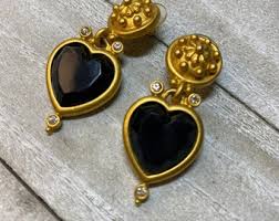 Leslie Block Earrings Black Acrylic Heart Dangle Drop Gold ...