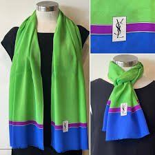 YSL Yves Saint Laurent Silk Crepe Blue/Lime Block Stripe ...